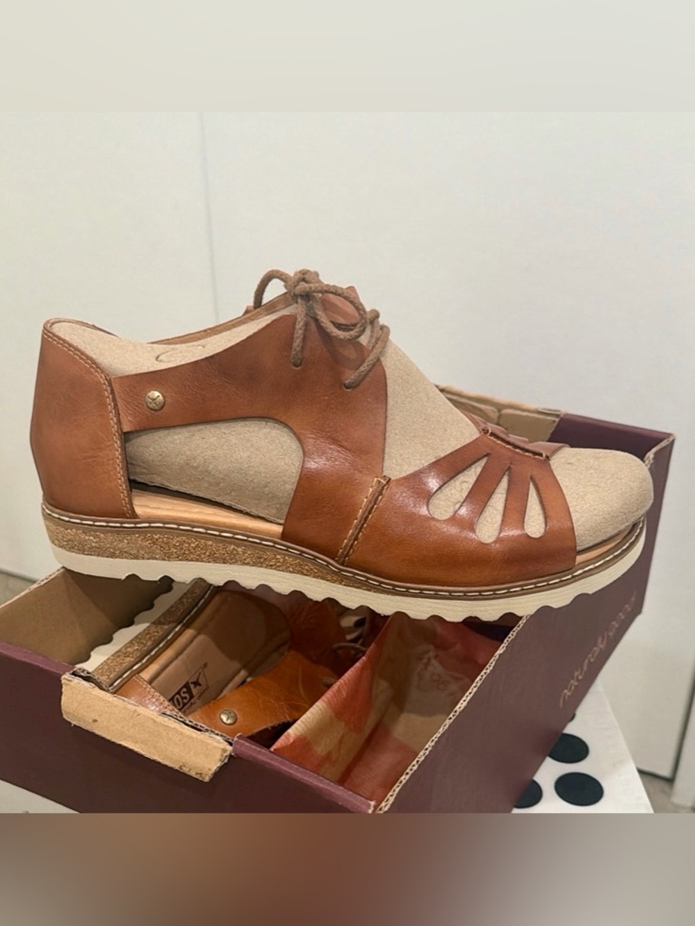 PIKOLINOS Cognac Leather Open-Toe Lace-Up Sandal
